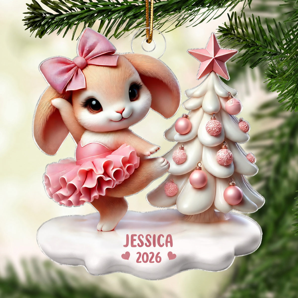 3D Effect Cute Bunny Girl Dancing Christmas Personalized Acrylic Ornament, Christmas Gift For Daughter, Granddaughter