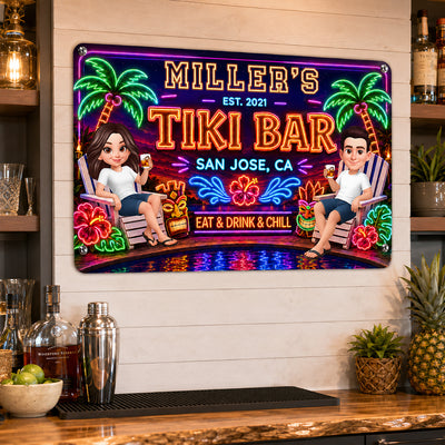 Custom Family Tiki Bar - Personalized Metal Sign - Outdoor Home Bar Decor, Eat Drink & Chill Sign, Backyard Patio Sign, New Home Gift