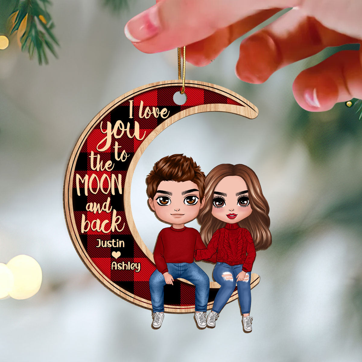 Couple Sitting On Moon Christmas Personalized Wooden Ornament
