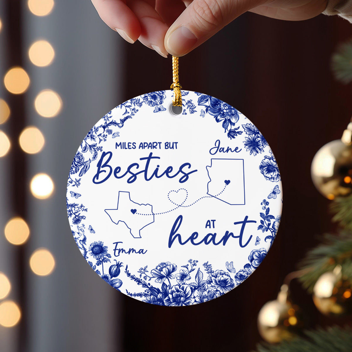 Chinoiserie Pattern Long Distance Besties Personalized Ceramic Ornament