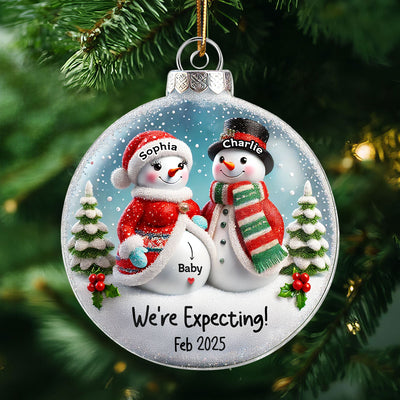 3D Effect Snowman Couple Expecting Parents Pregnancy Announcement Keepsake Personalized Acrylic Ornament