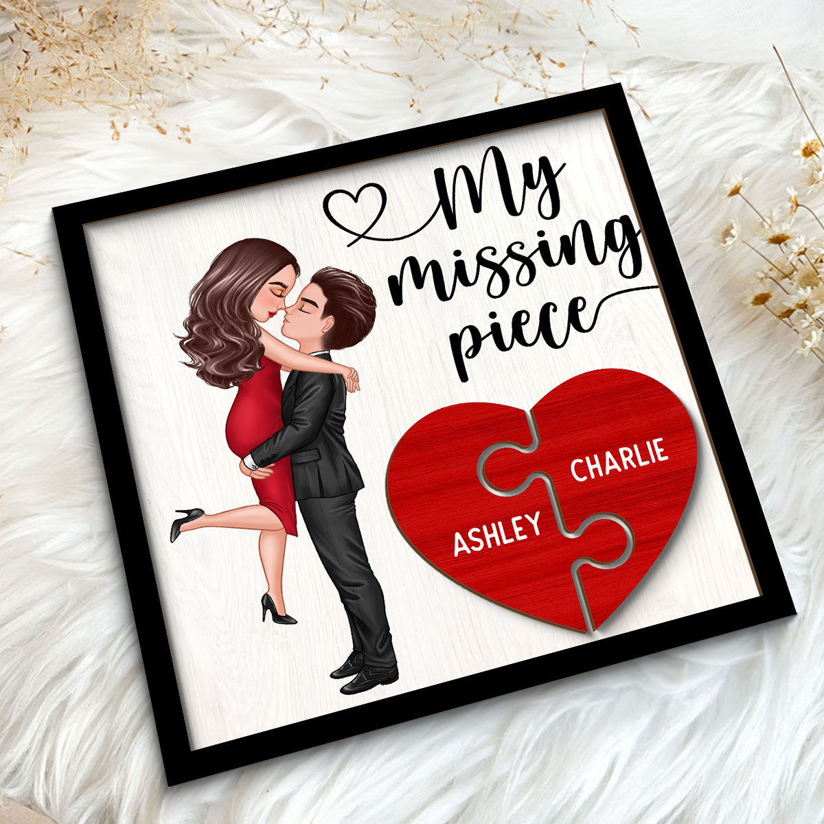 My Missing Piece Doll Couple Hugging Kissing Heart Piece Personalized 2-Layer Wooden Plaque