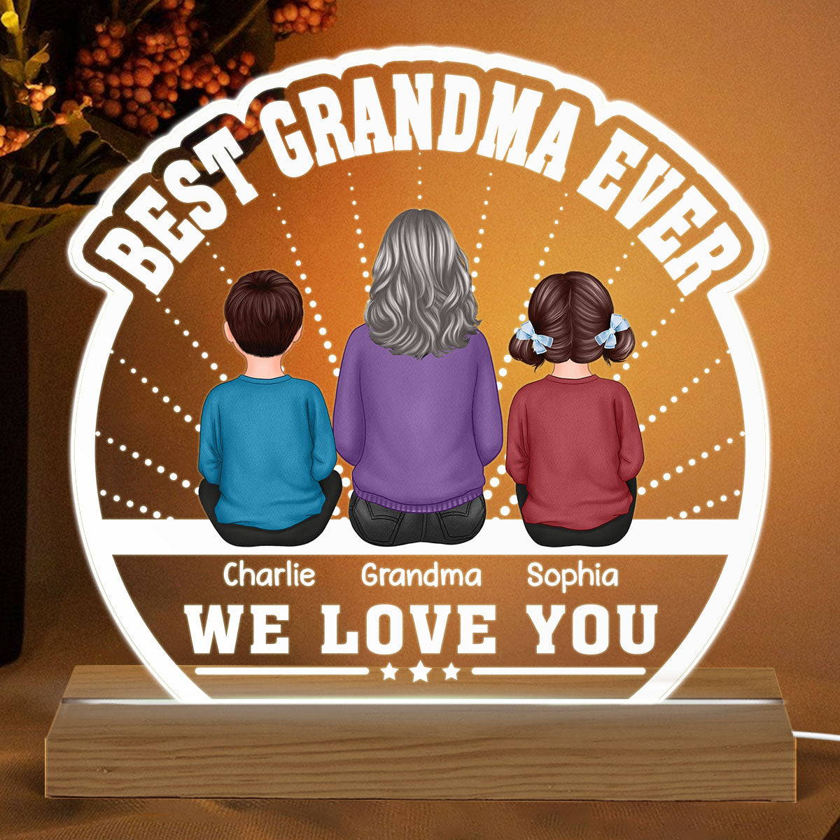 Best Grandma Ever Back View Woman & Grandkids Personalized Custom Shaped Acrylic Plaque With LED Night Light