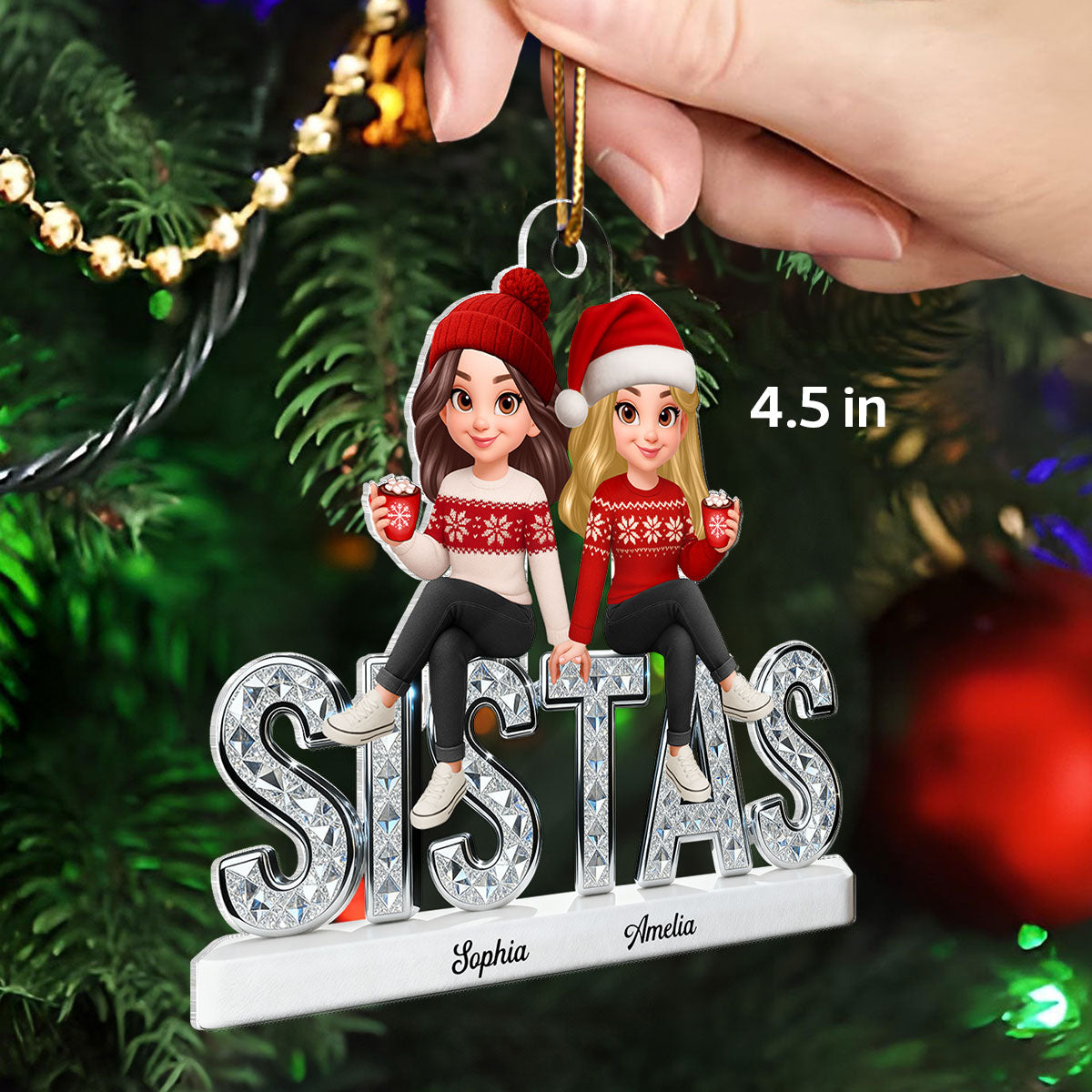 3D Shining Effect Sistas - Personalized Acrylic Car Hanger - Christmas Gift For Sisters
