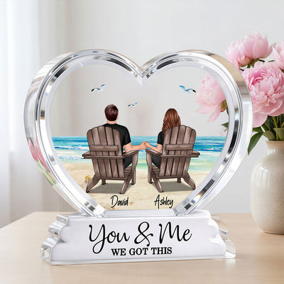 Couple Sitting Back View Beach Landscape 2D Flat - Personalized Acrylic Block Plaque - Anniversary, Birthday Gift For Him, Gift For Her