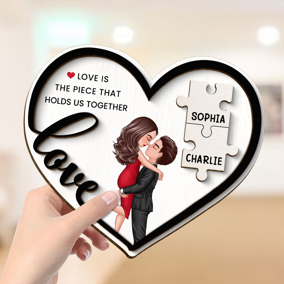 Love Piece Holds Us Together Couple Kissing Personalized 2-layer Wooden Plaque, Valentine‘s Day Gift For Him, For Her