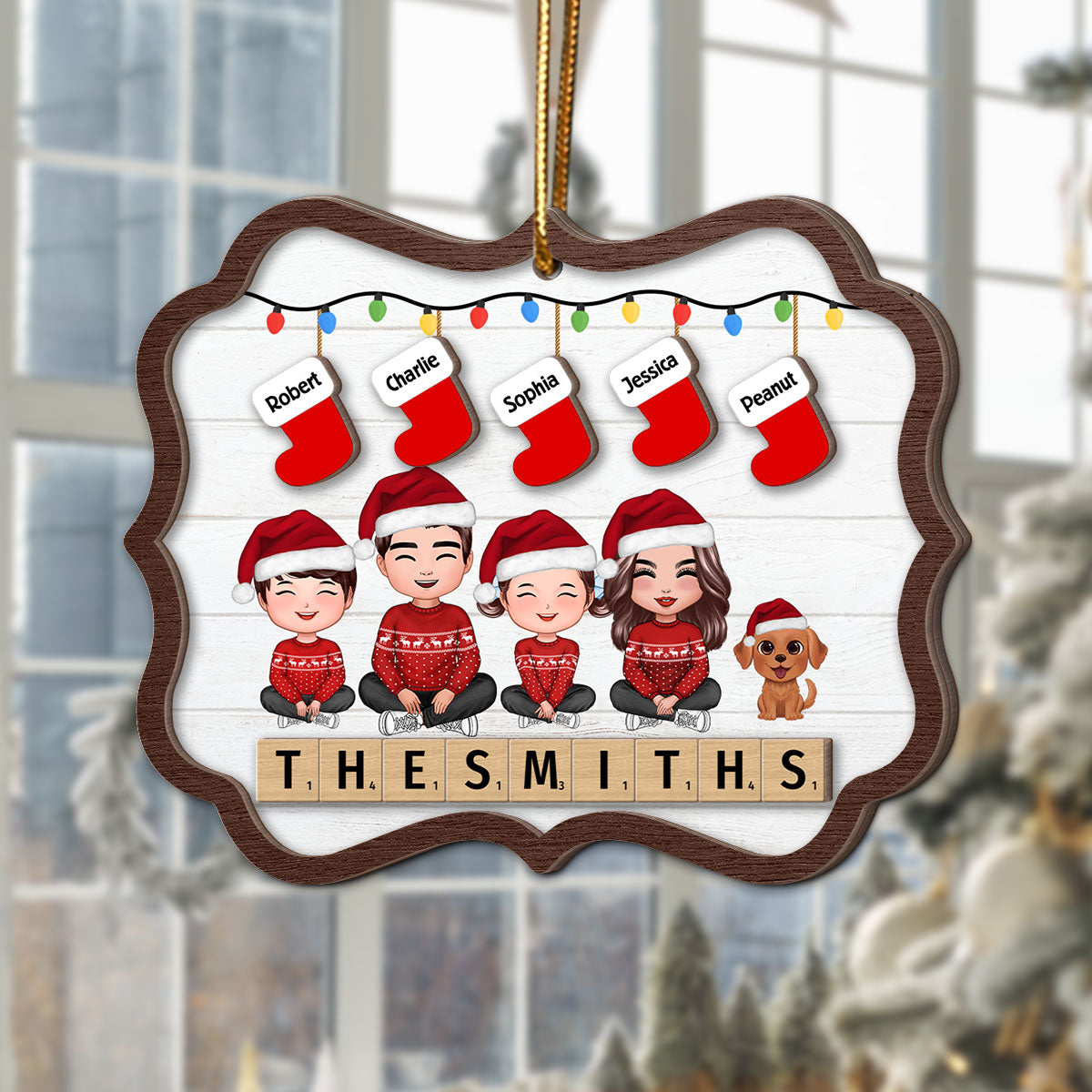 Family Sitting Christmas Stocking Wooden Blocks Personalized 2-Layer Wooden Ornament