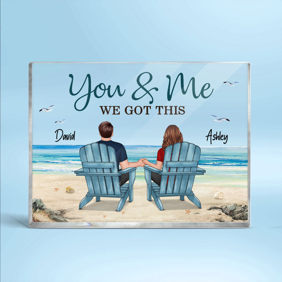 Back View Couple Sitting Beach Landscape Personalized Rectangle Acrylic Block Plaque