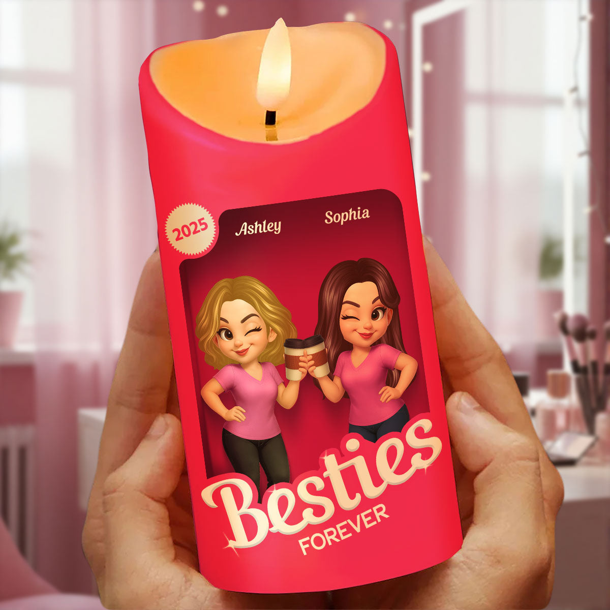 Pink Besties Our Friendship Is Endless Christmas Personalized LED Candle