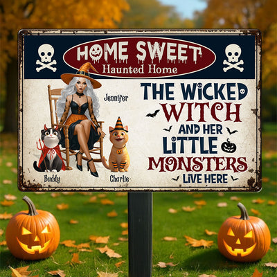 Warning A Wicked Witch and Her Little Monsters Live Here Personalized Metal Sign, Halloween Decor for Cat Lovers