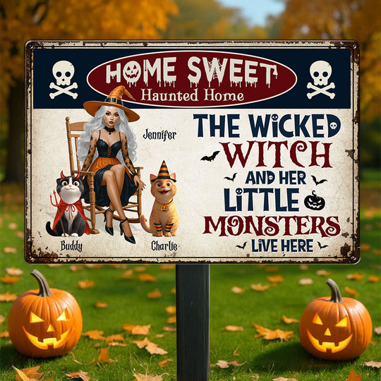 Warning A Wicked Witch and Her Little Monsters Live Here Personalized Metal Sign, Halloween Decor for Cat Lovers