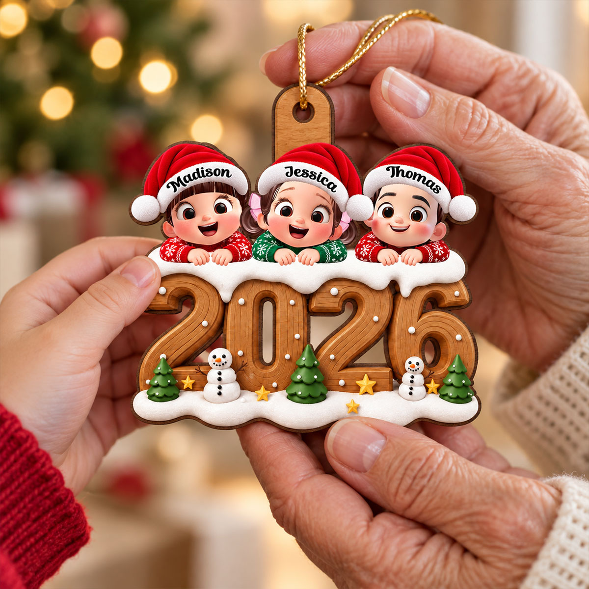 Kids on Snowy Wooden 2026 - Personalized Wooden Ornament - Christmas Gift for Family, Grandparents, Grandma