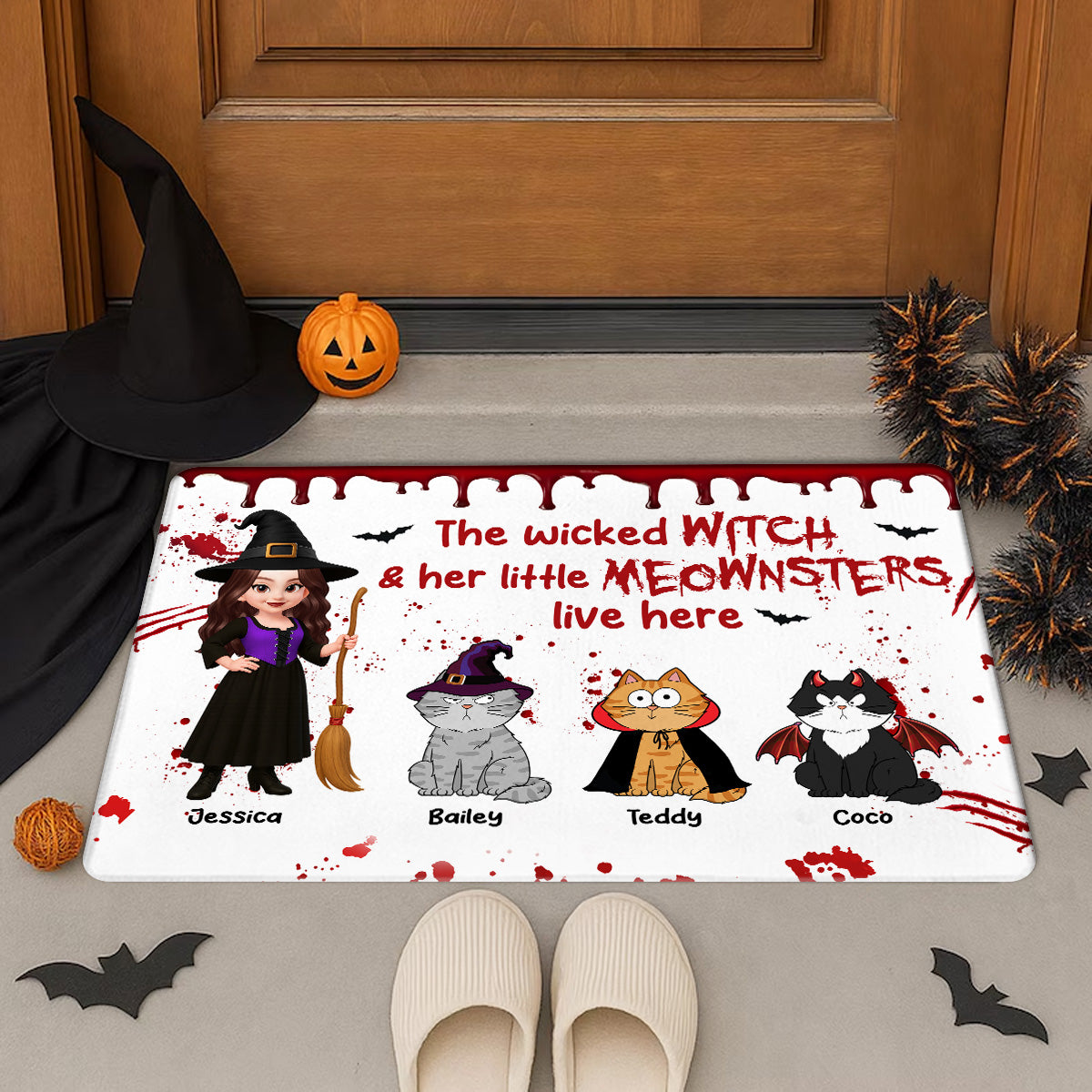 Halloween Wicked Witch And Little Monsters Cats Live Here Personalized Doormat