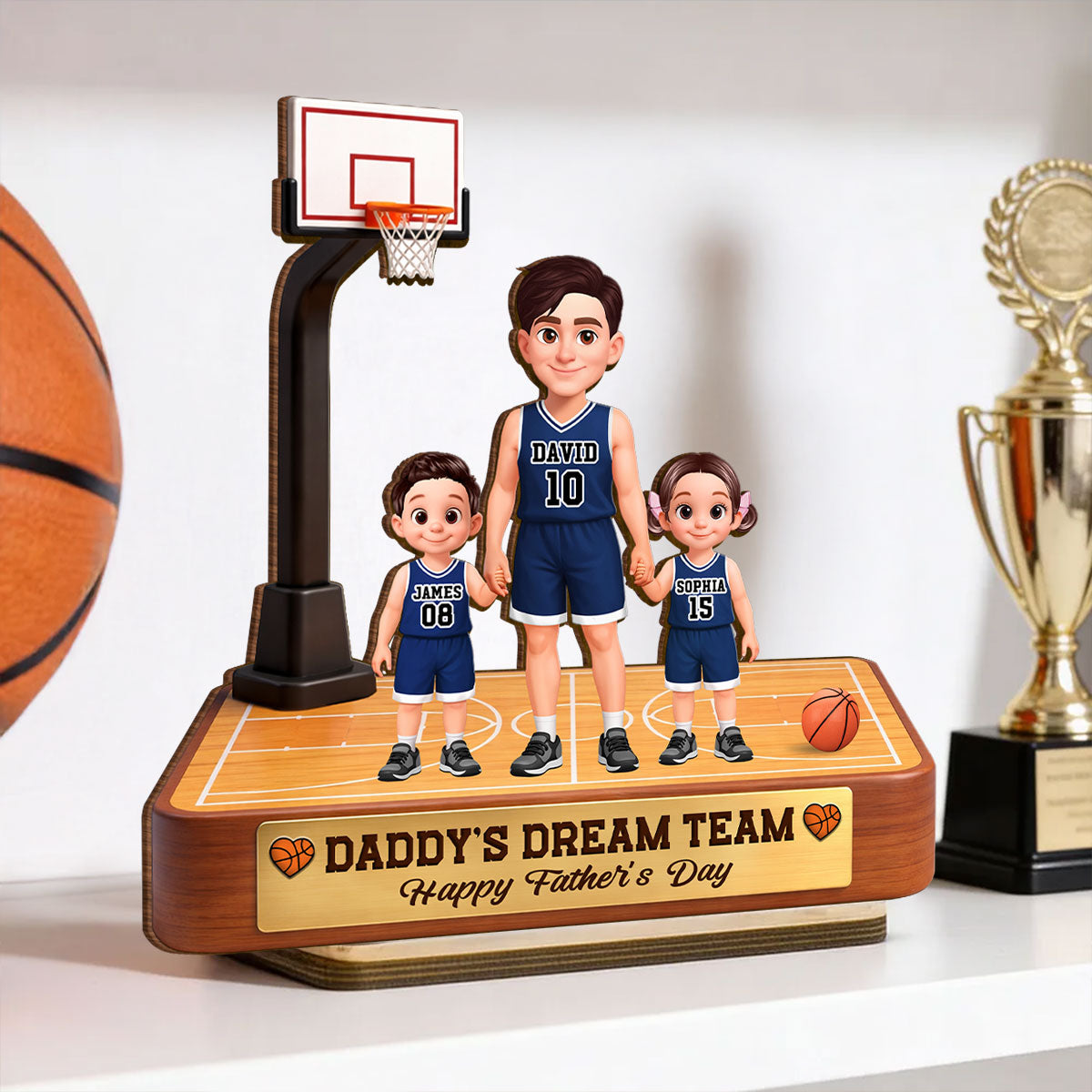 Basketball Daddy's Dream Team - Personalized 2-Layered Wooden Plaque - Father's Day Gift For Dad, Husband