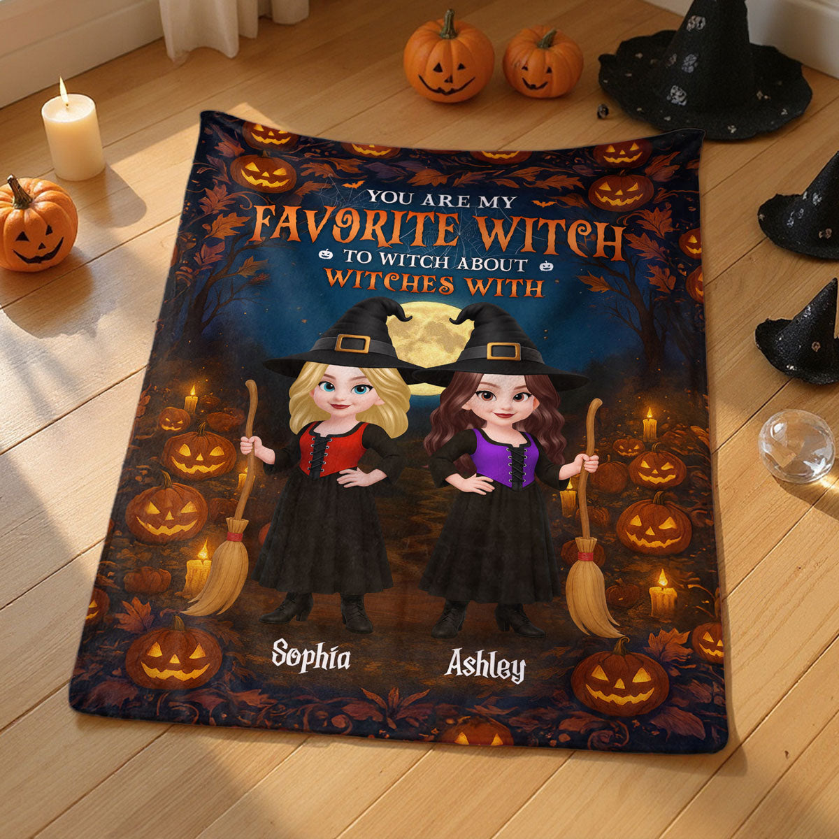 Halloween Magical Theme Witches Besties Personalized Fleece Blanket