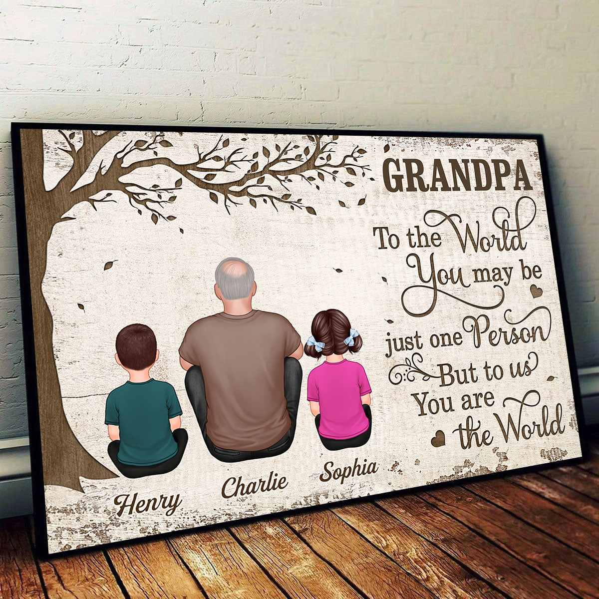 Grandpa And Kids Dogs Cats Sitting Under Tree Personalized Poster, Gift For Grandpa