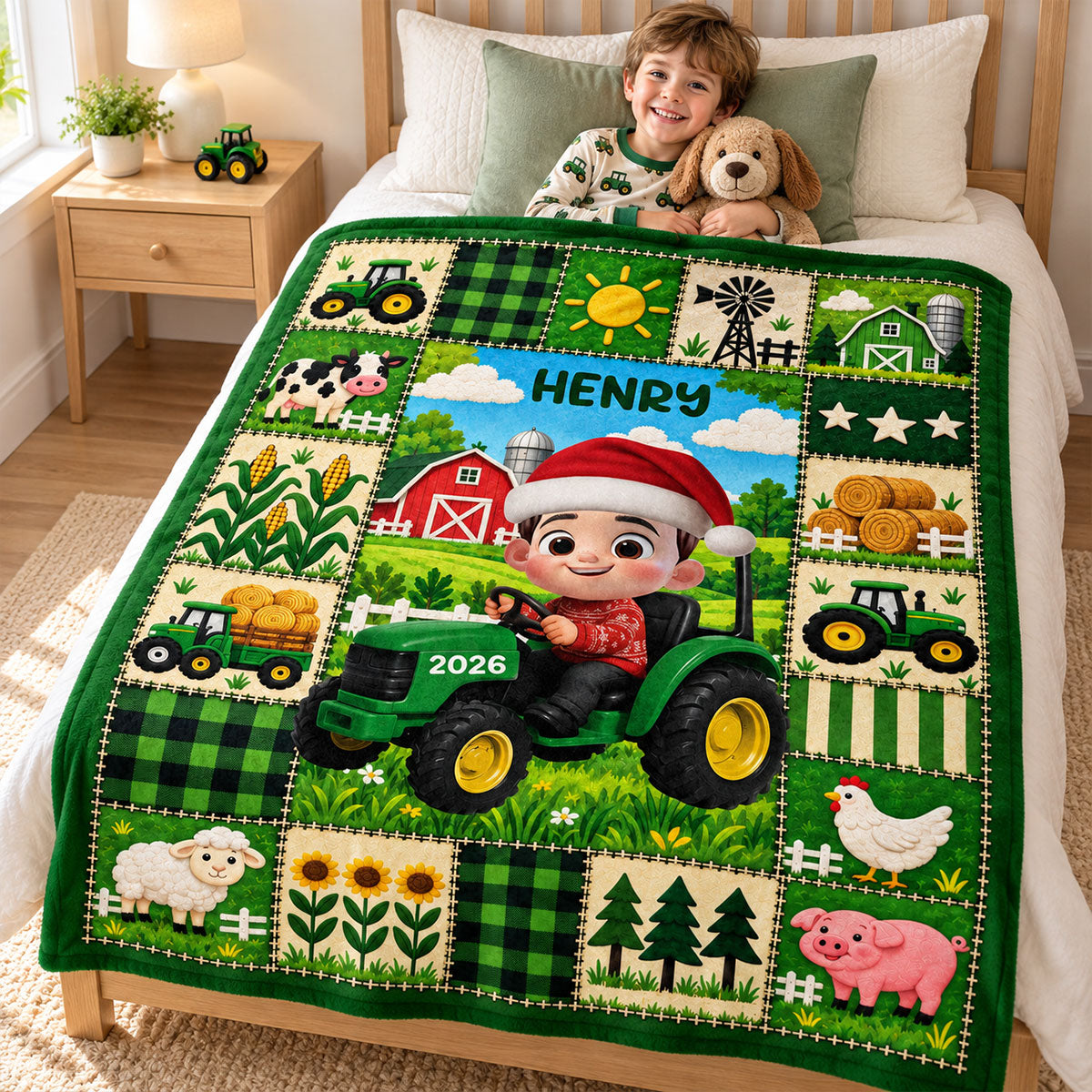 Little Boy Girl With Tractor Excavator Backhoe Christmas - Personalized Blanket - Gift For Grandkids, Kids