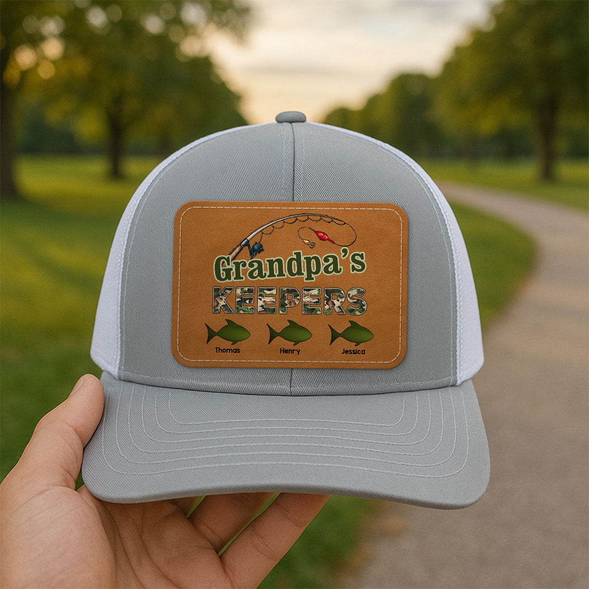 Grandpa‘s Keepers Fishing Camouflage Personalized Leather Patch Hat