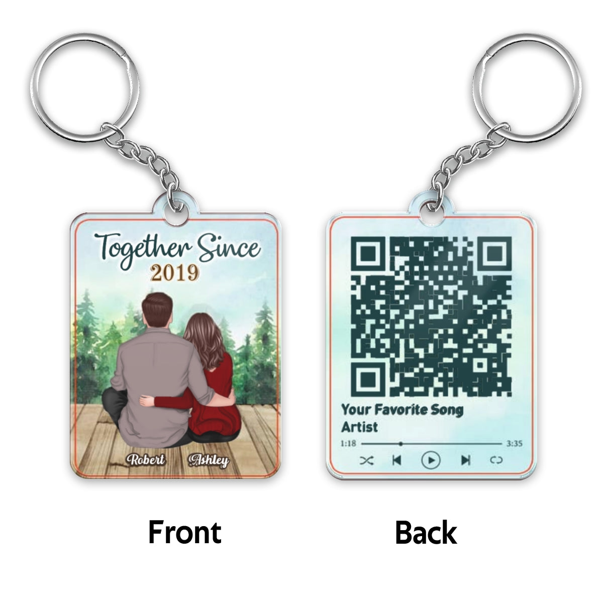 Forest Landscape Back View Couple Sitting Favorite Love Song Scannable QR Code Personalized Acrylic Keychain