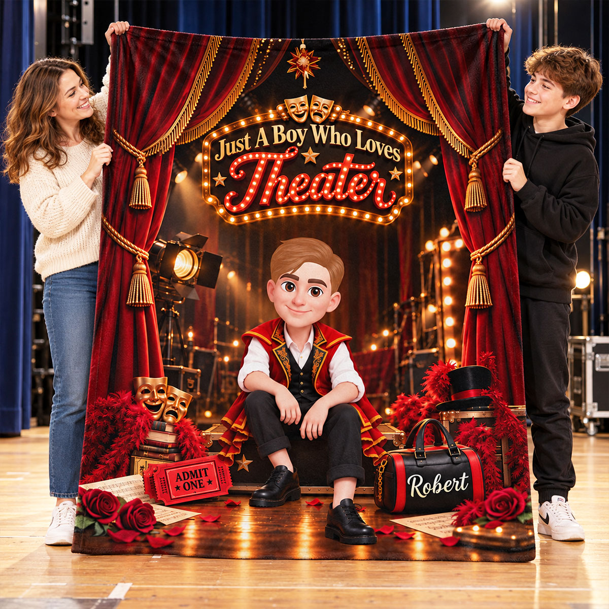 Just a Boy Who Loves Theater - Personalized Fleece Blanket - Christmas Gift for Son, Grandson