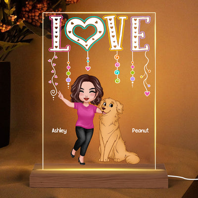 LOVE Happy Doll Woman With Dogs Cats Gift For Dog Mom Cat Mom Personalized Rectangle Acrylic Plaque LED Night Light