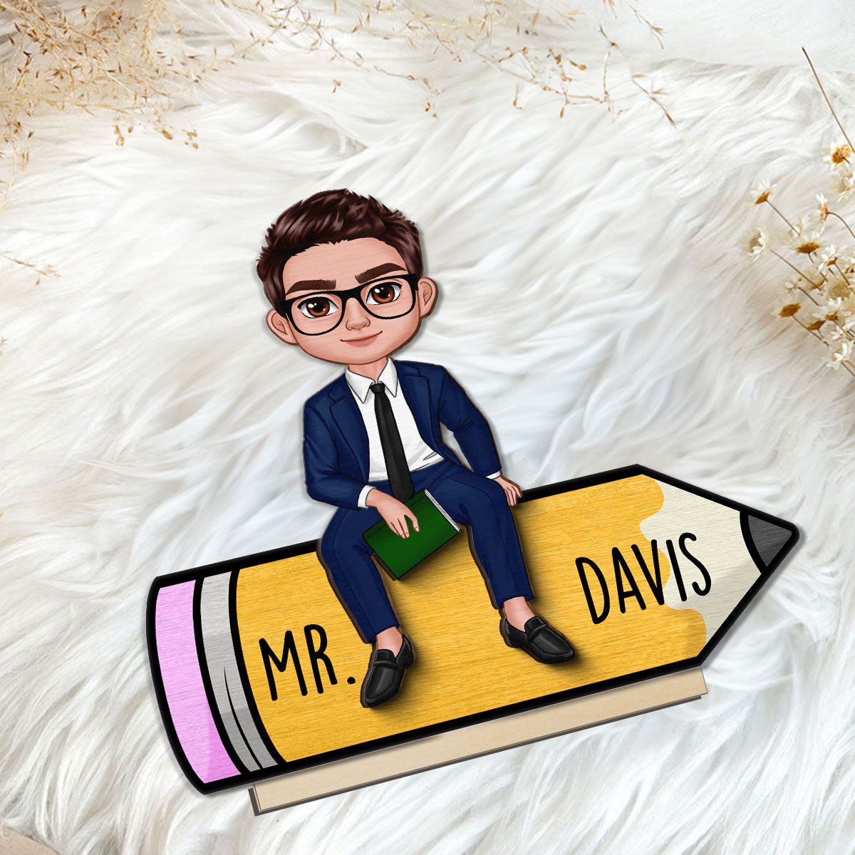 Doll Teacher Sitting On Pencil Personalized 2-Layer Standing Wooden Plaque, Back To School Gift For Teacher, Office Decor