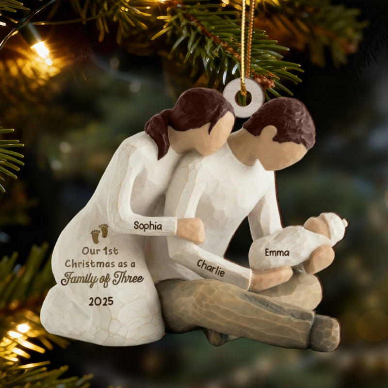 3D Effect First Christmas As Family Of Three Mom Dad Holding Baby - Personalized Wooden Ornament