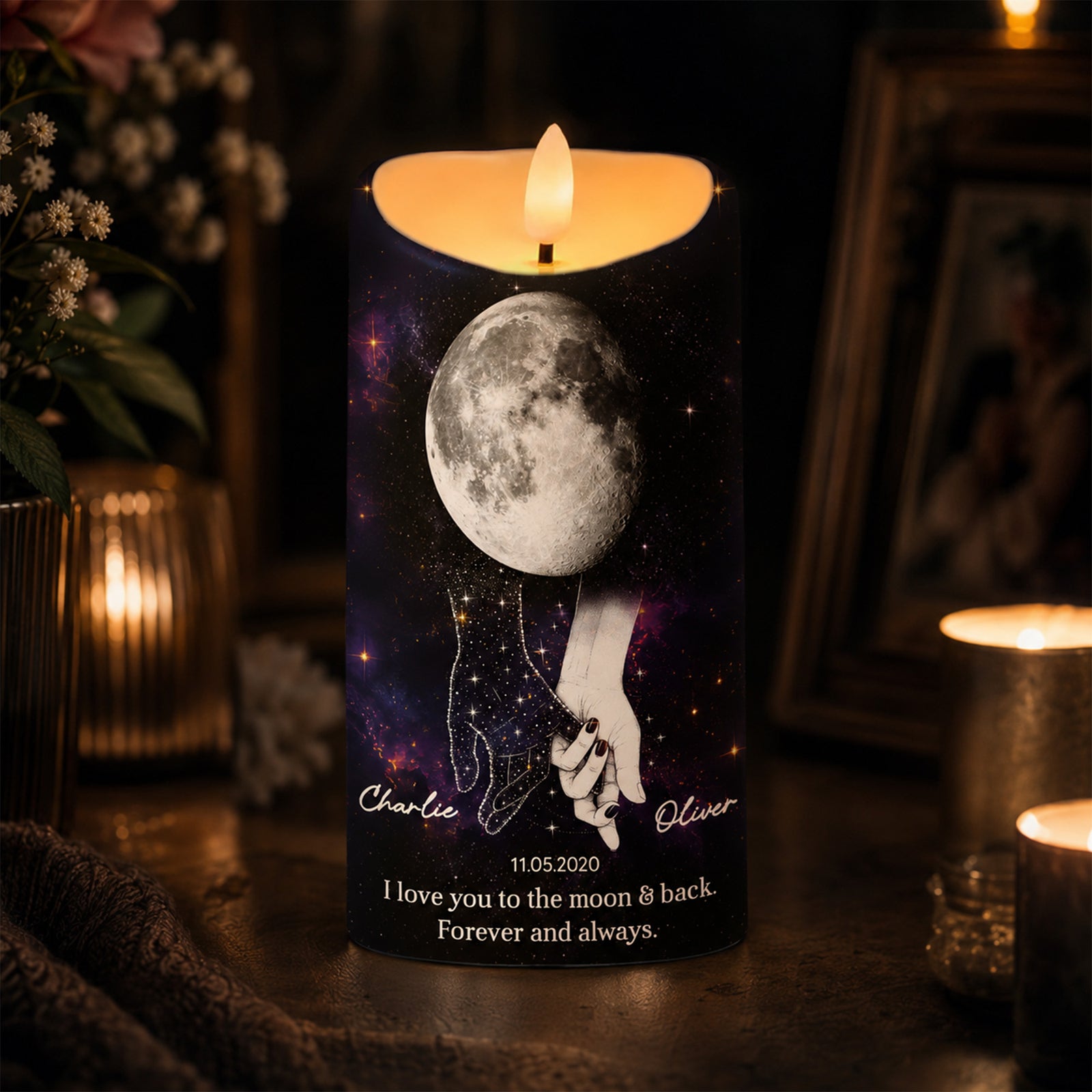 Lost Loved One Holding Hands Moon Phase - Personalized LED Candle - Memorial Gift, Remembrance Keepsake