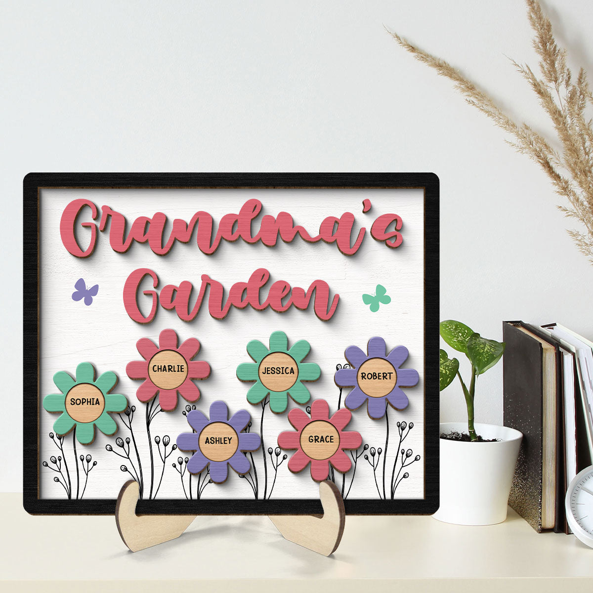 Grandma Mom Garden Colorful Flowers Personalized 2-layer Wooden Plaque