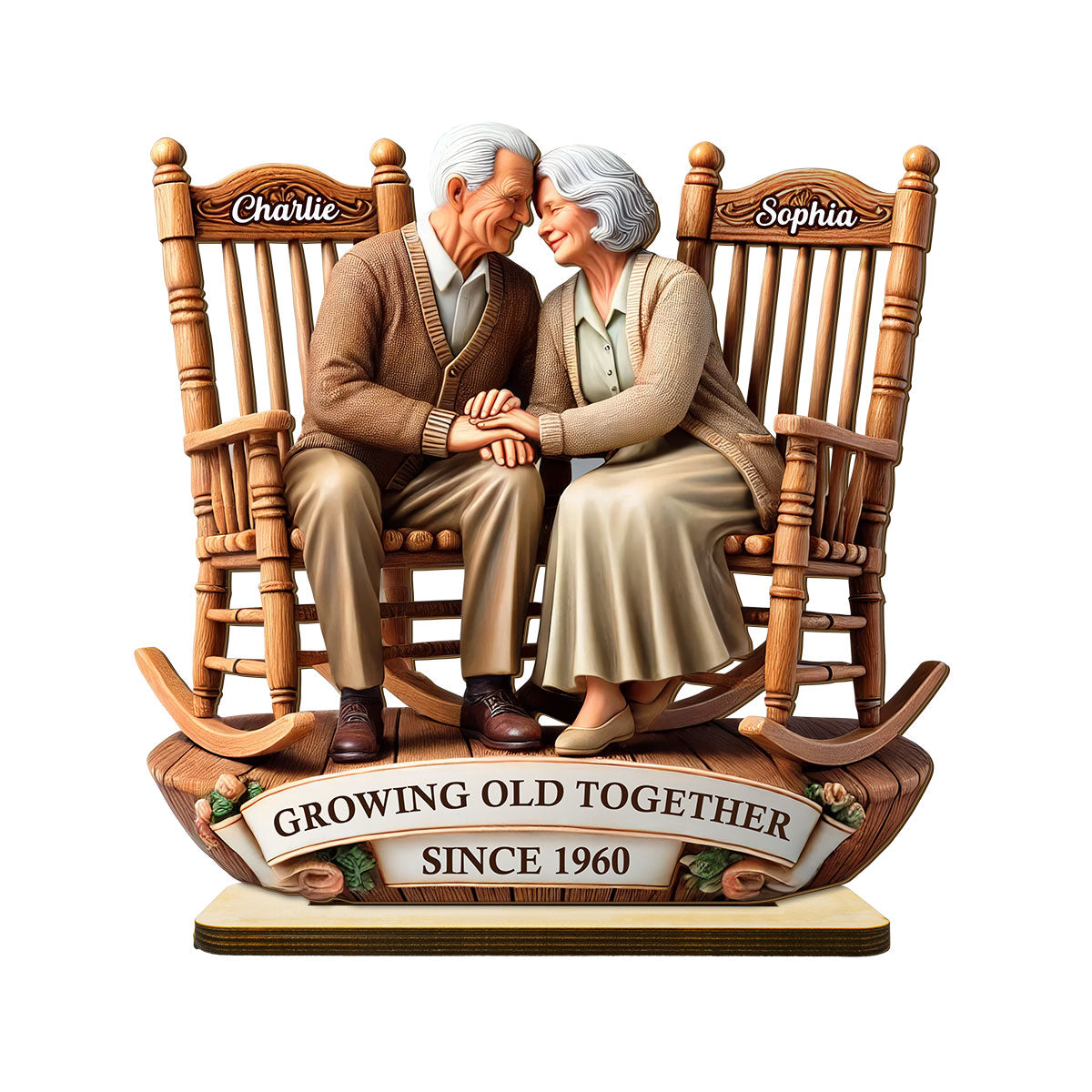 3D Effect Old Couple Sitting On Rocking Chairs Together - Personalized Wooden Plaque - Heartfelt Gift For For Her, For Wife