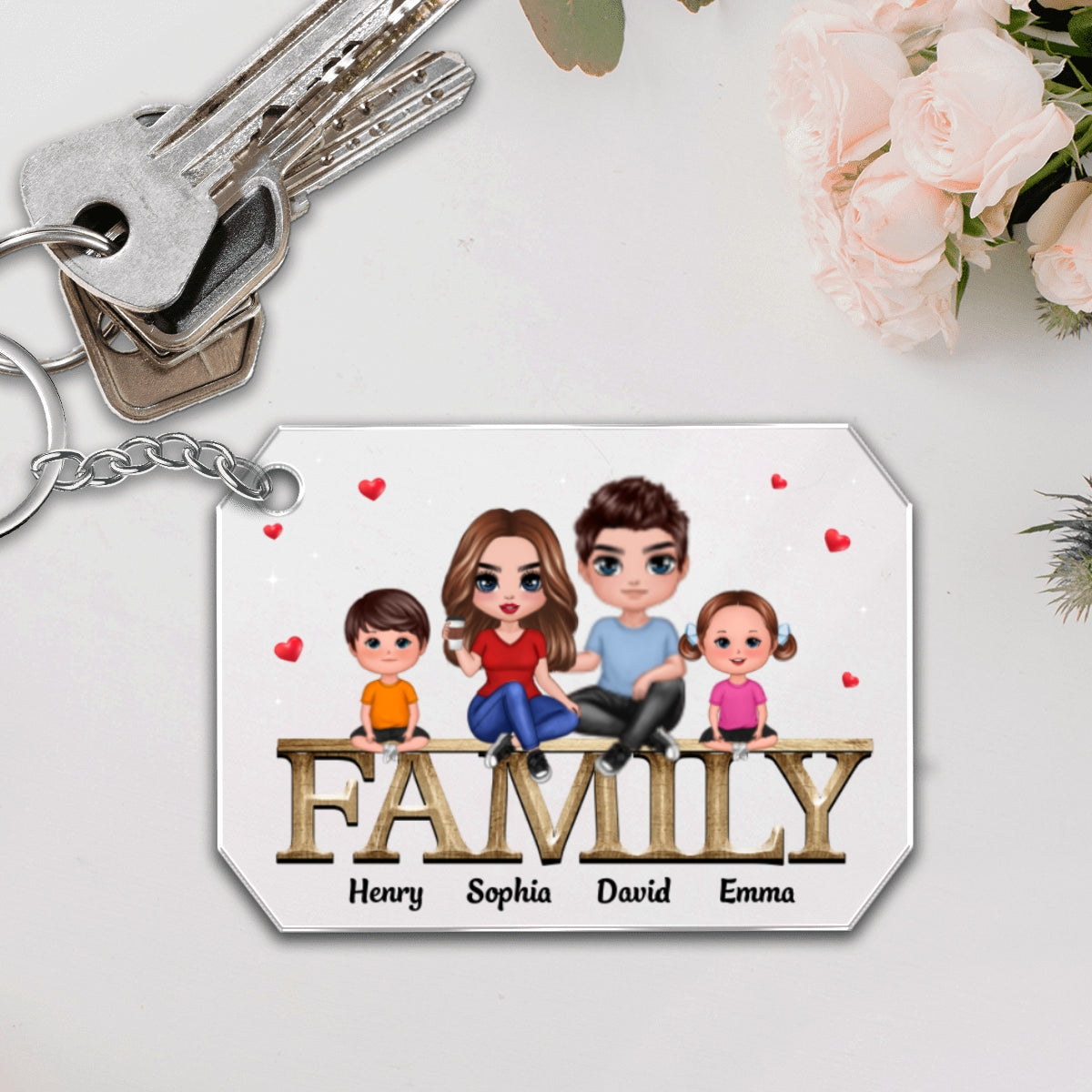 Family Couple Kid Dog Cat Sitting On Word Personalized Acrylic Keychain