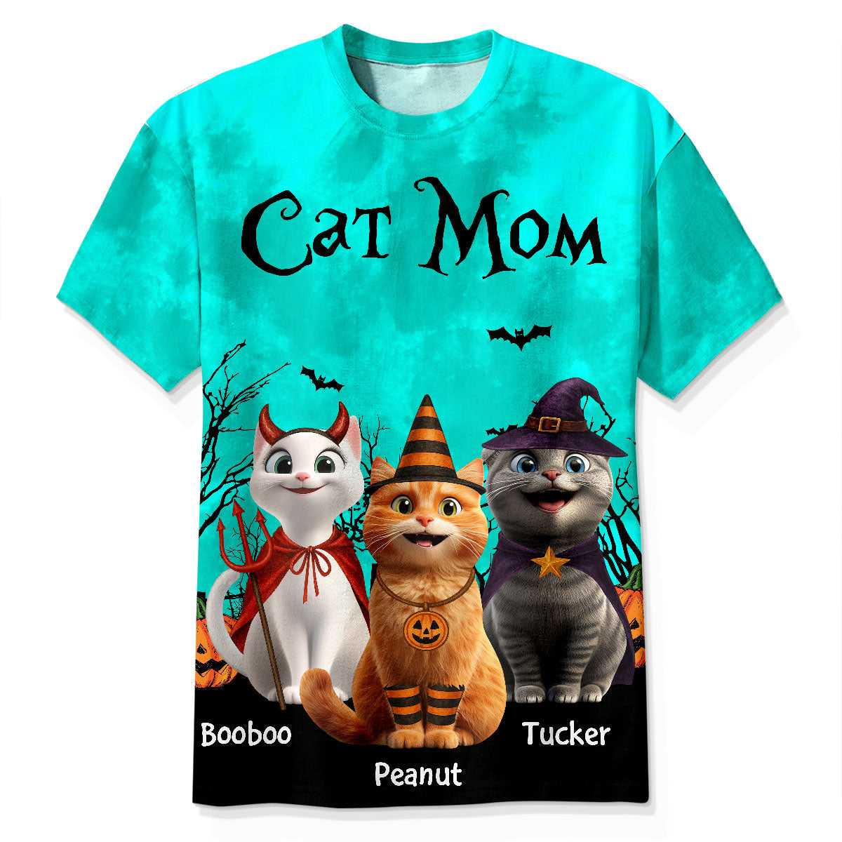 Cat Mom Halloween Moon Light Bat Tree Cartoon Cat Personalized Shirt, Purrfect Costume for Cat Lover