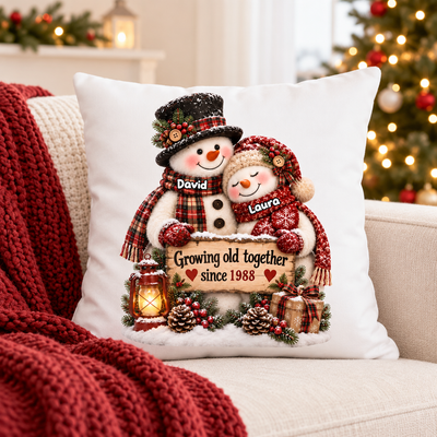 Snowman Couple Hugging Growing Old Together - Personalized Pillow - Heartfelt Christmas Gift for Her, for Him