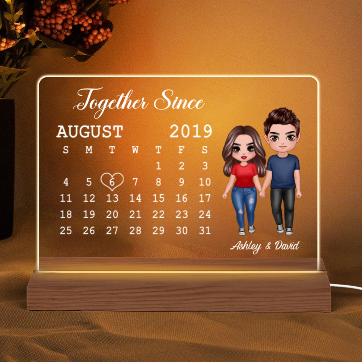 Doll Couple Standing Calendar Anniversary Date Gift For Him For Her Personalized Custom Shape Acrylic Plaque LED Night Light