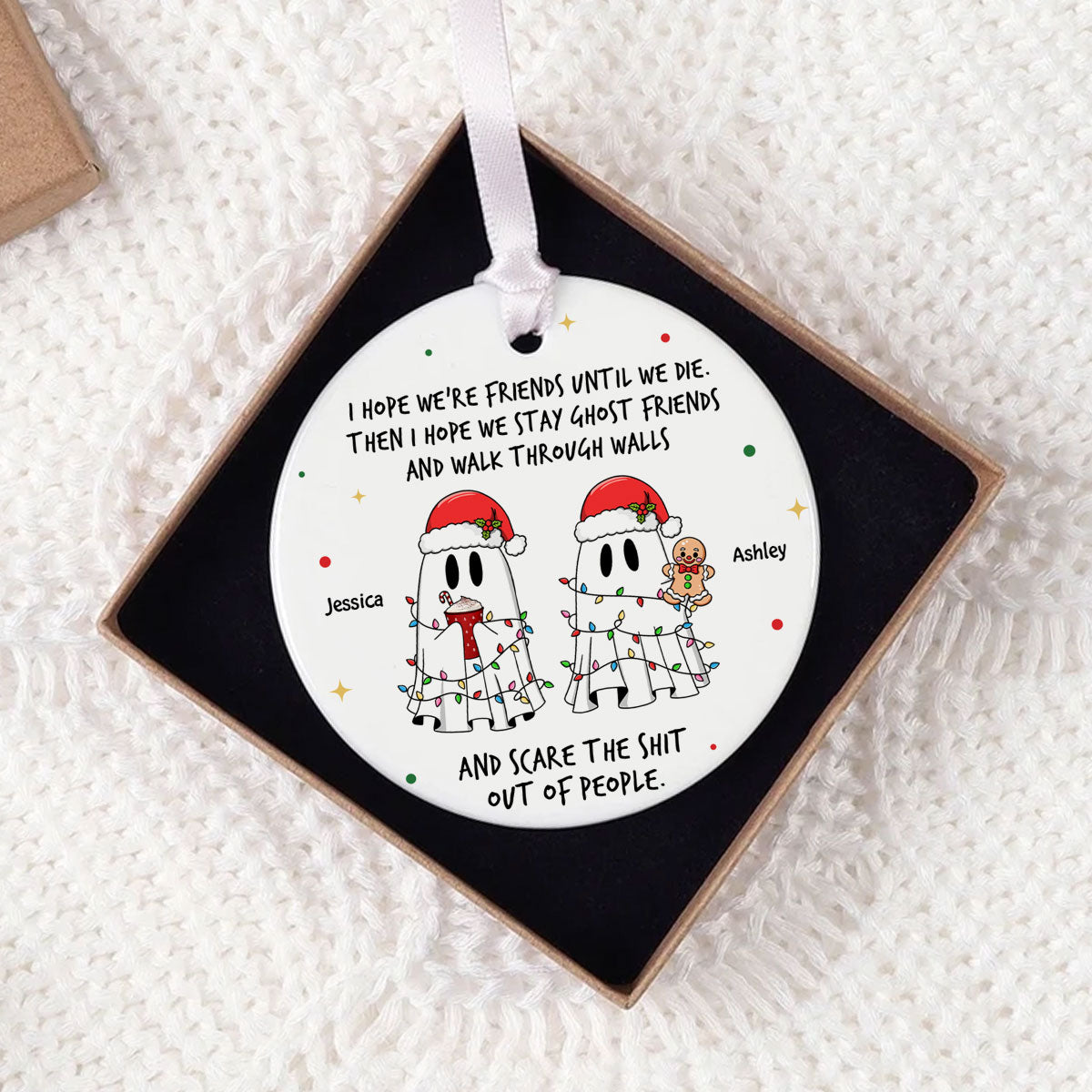 Ghost Friends Funny Christmas Gift Personalized Circle Ceramic Ornament, Christmas Gift for Best Friends, Besties, Coworkers