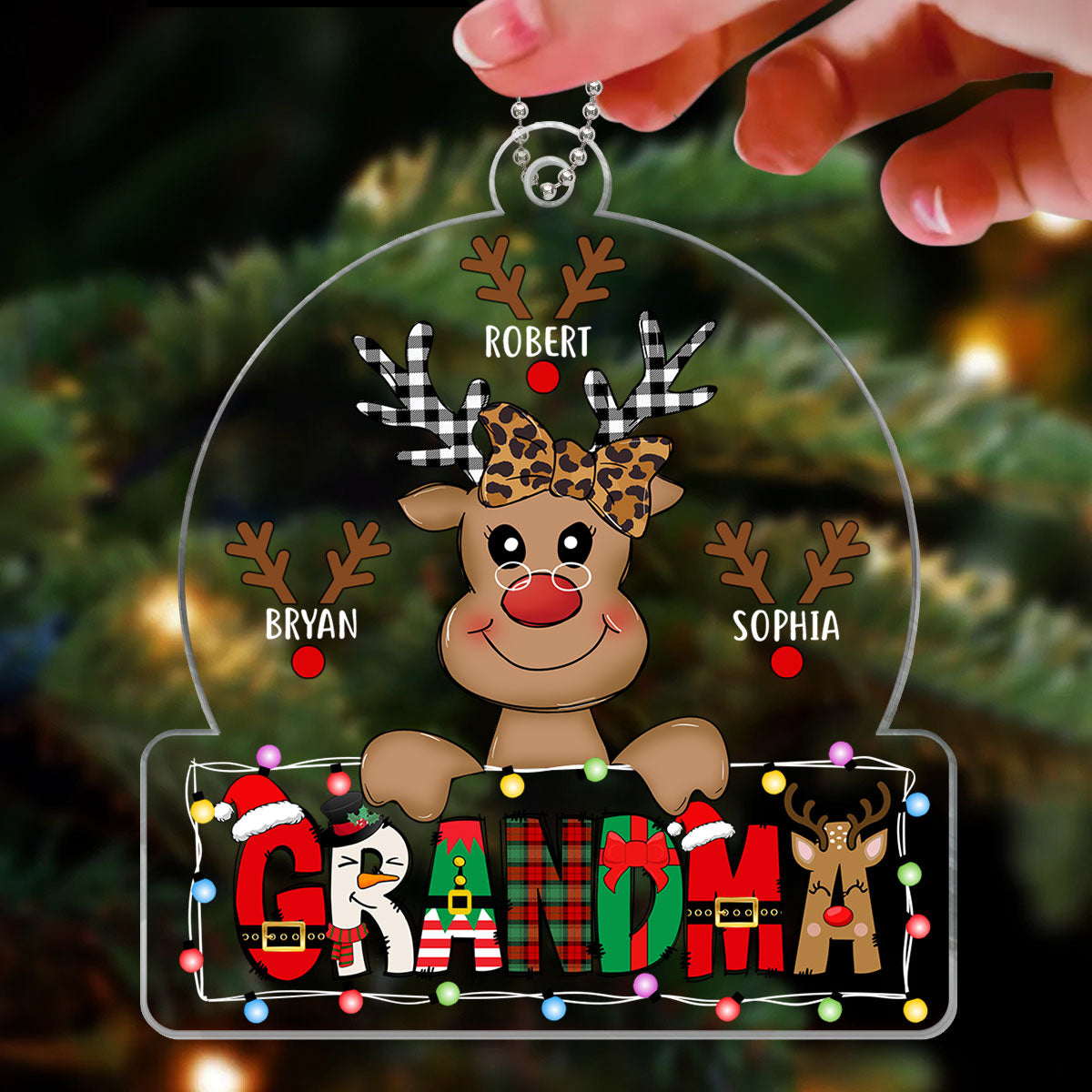Grandma Mom Cute Reindeer Christmas Patterned Personalized Acrylic Ornament