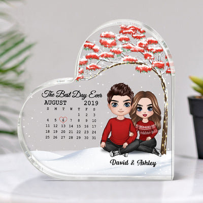 Embracing Doll Couple Sitting Under Red Tree Calendar Anniversary Date Personalized Heart Acrylic Plaque