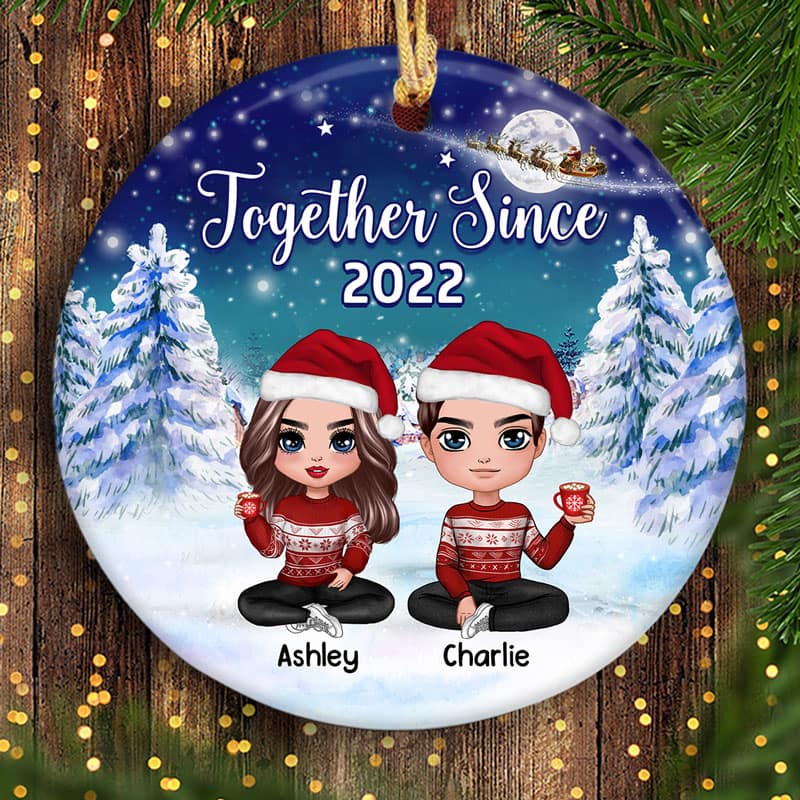 Doll Couple Sitting Under Moon Light In Christmas Night Personalized Circle Ornament