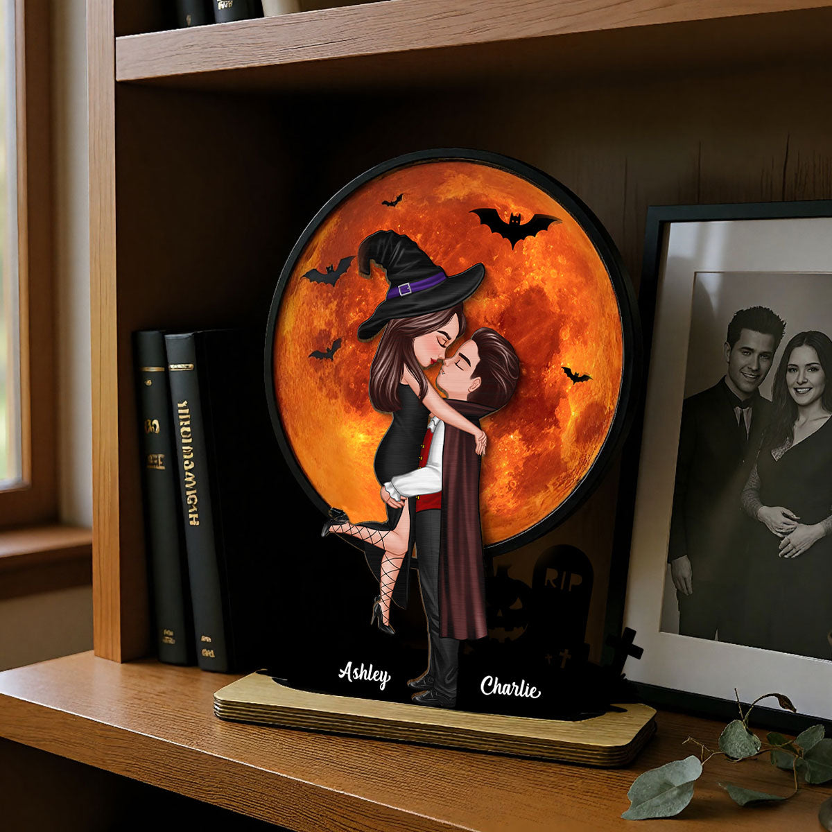 Couple Hugging Under Halloween Moon Tabletop Tier Tray Decor Personalized 2-Layer Standing Wooden Plaque