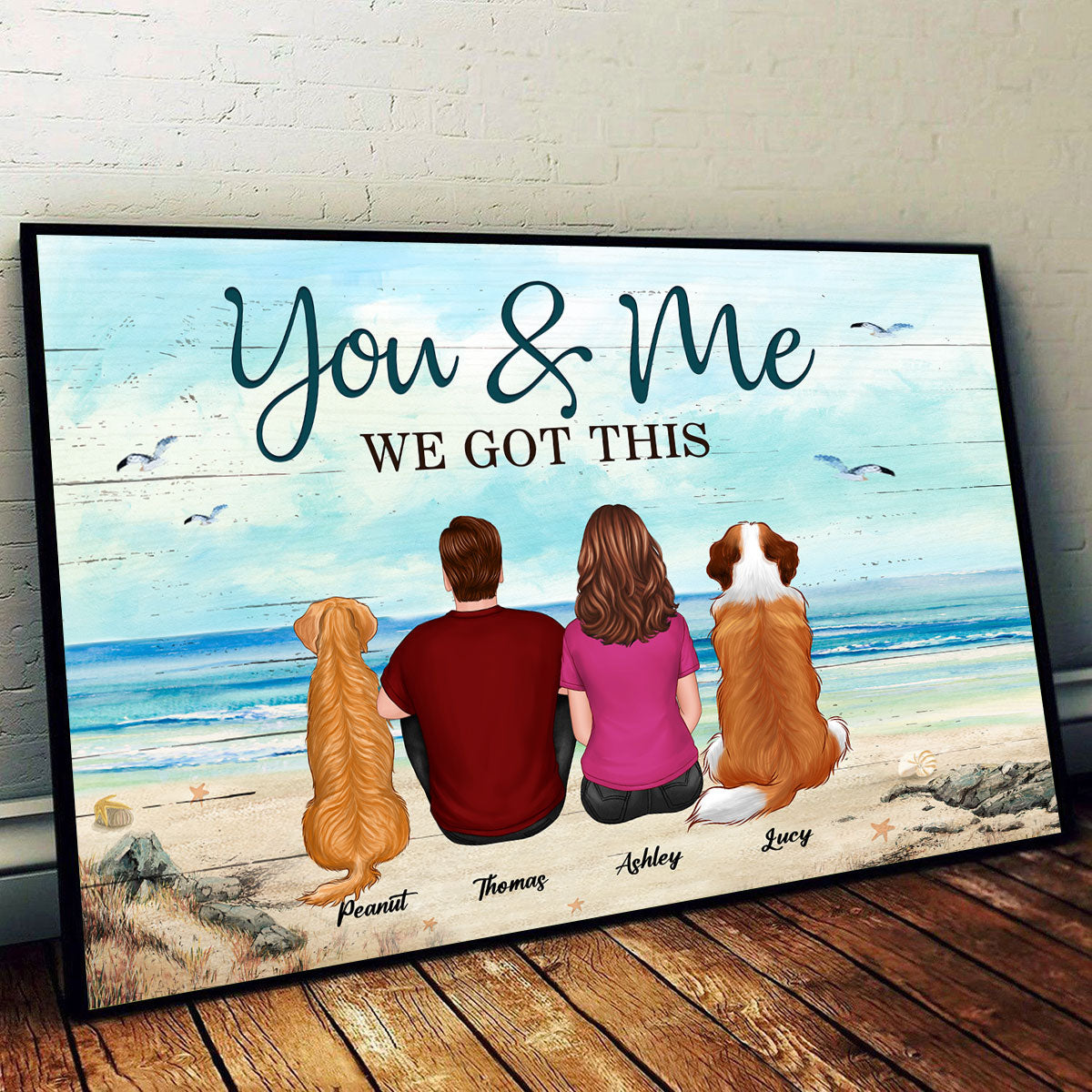 Couple Back View Sitting At Beach With Dog Cat Pet Lover Personalized Poster