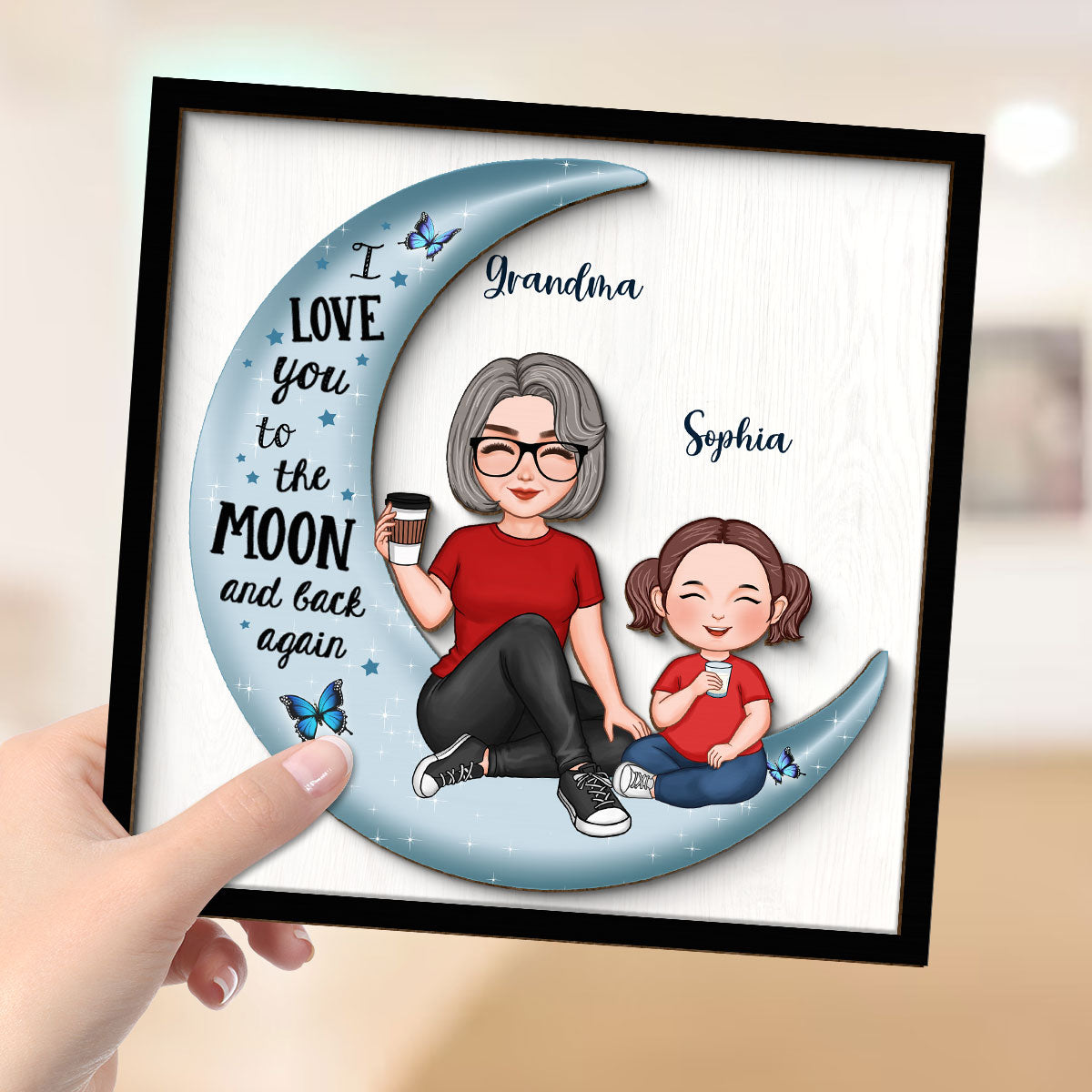 Cute Grandma & Grandkid On Moon Gift For Granddaughter Grandson Grandma Personalized 2-Layer Wooden Plaque