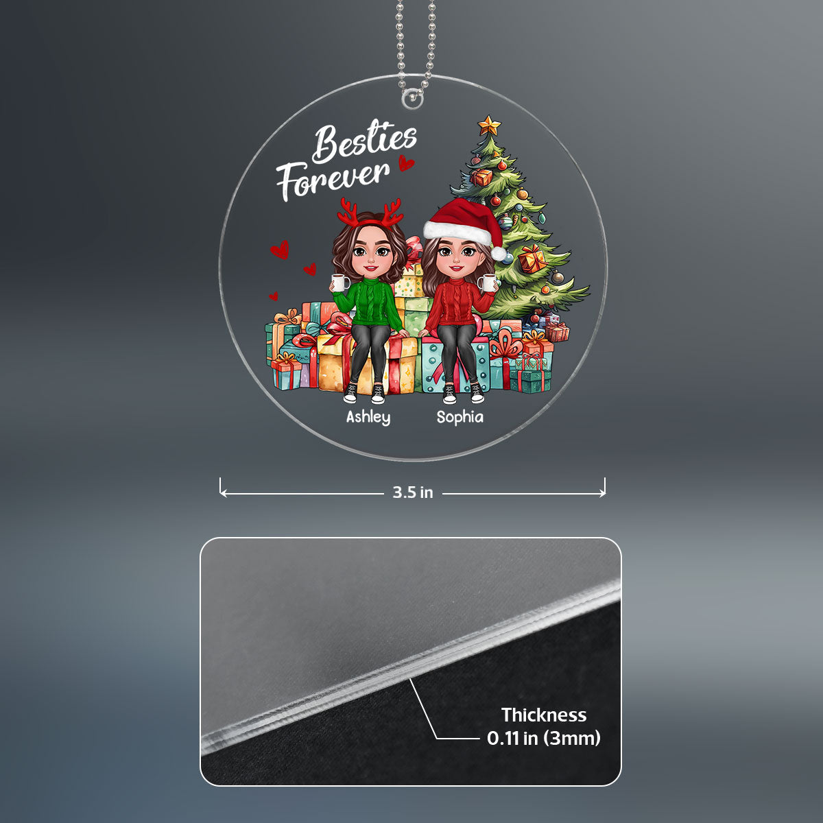 Besties Sisters Friends Sitting On Christmas Gifts Personalized Acrylic Ornament