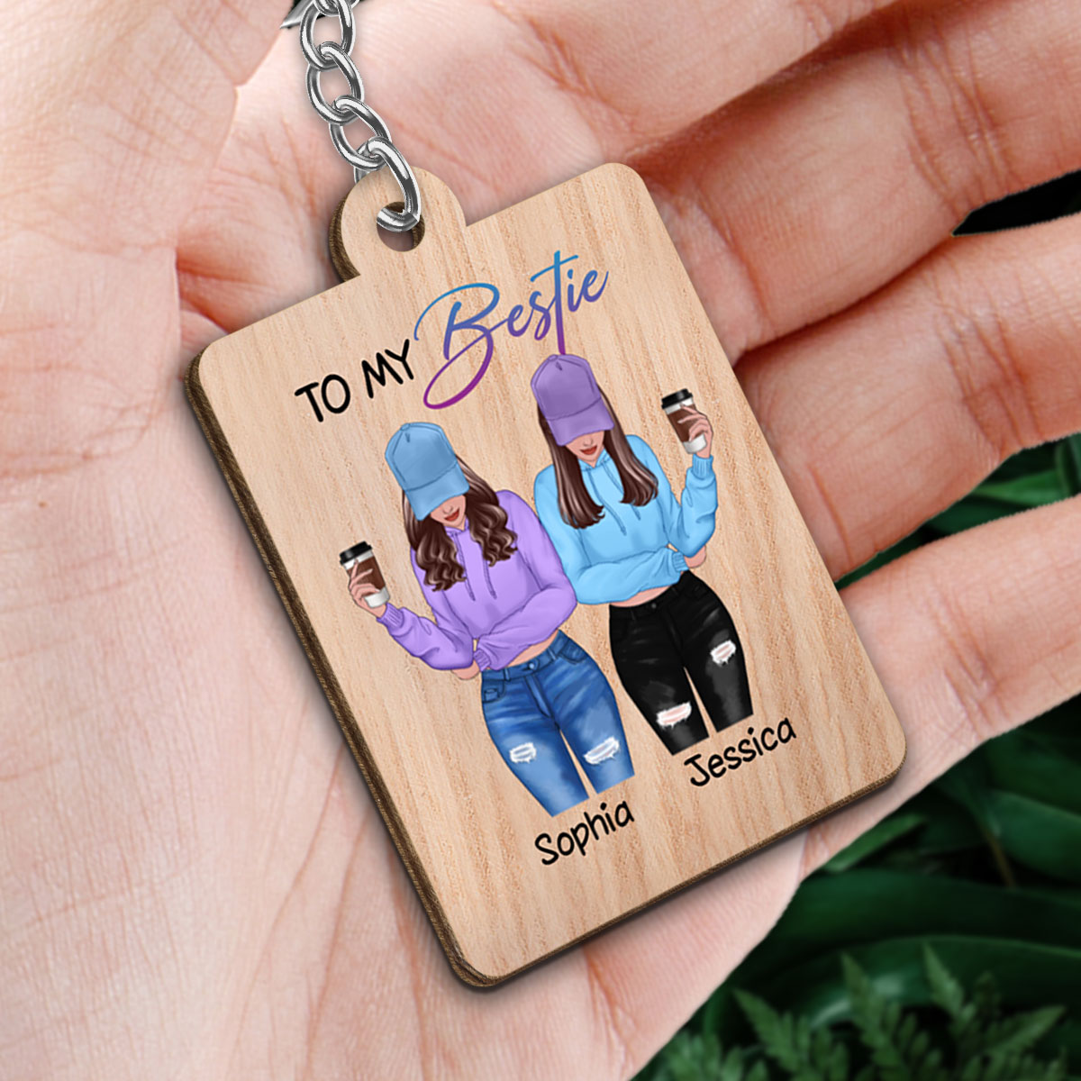 Front View Besties To My Bestie Personalized Wooden Keychain