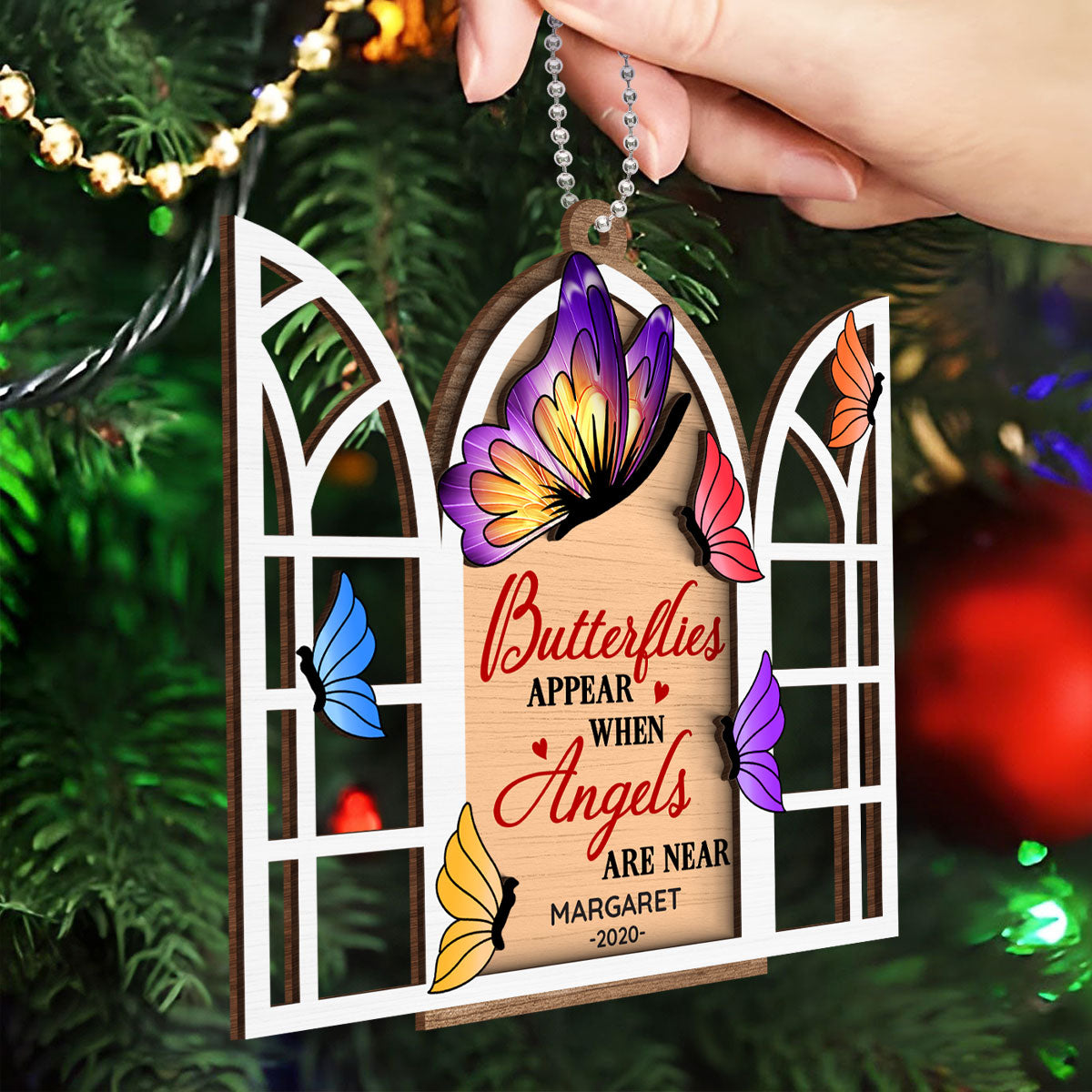 Butterflies Memorial Window Personalized 2-Layer Wooden Ornament, Christmas Gift