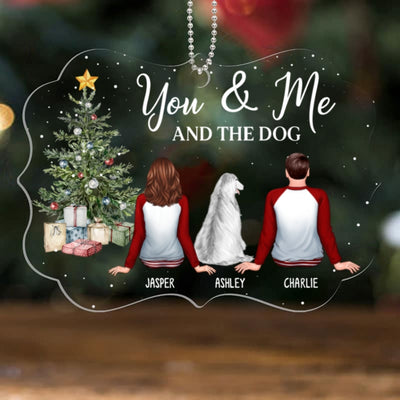Christmas Pajamas Couple & Dogs Sitting By Christmas Tree Personalized Acrylic Ornament