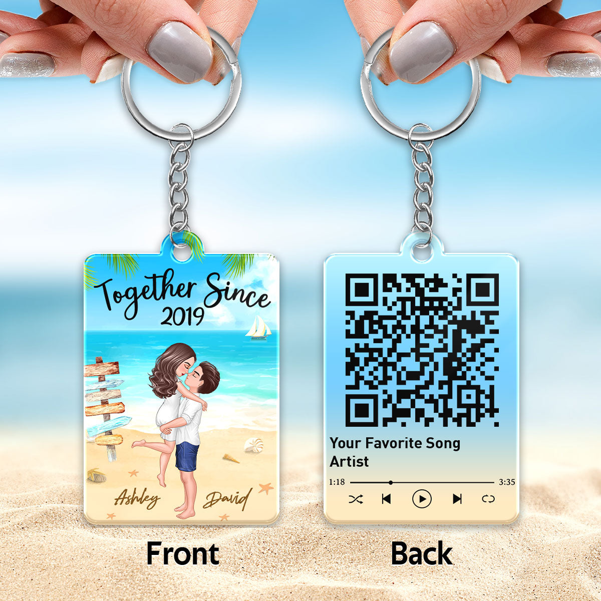 Doll Couple Hugging Kissing On The Beach Favorite Song Scannable QR Code Personalized Acrylic Keychain