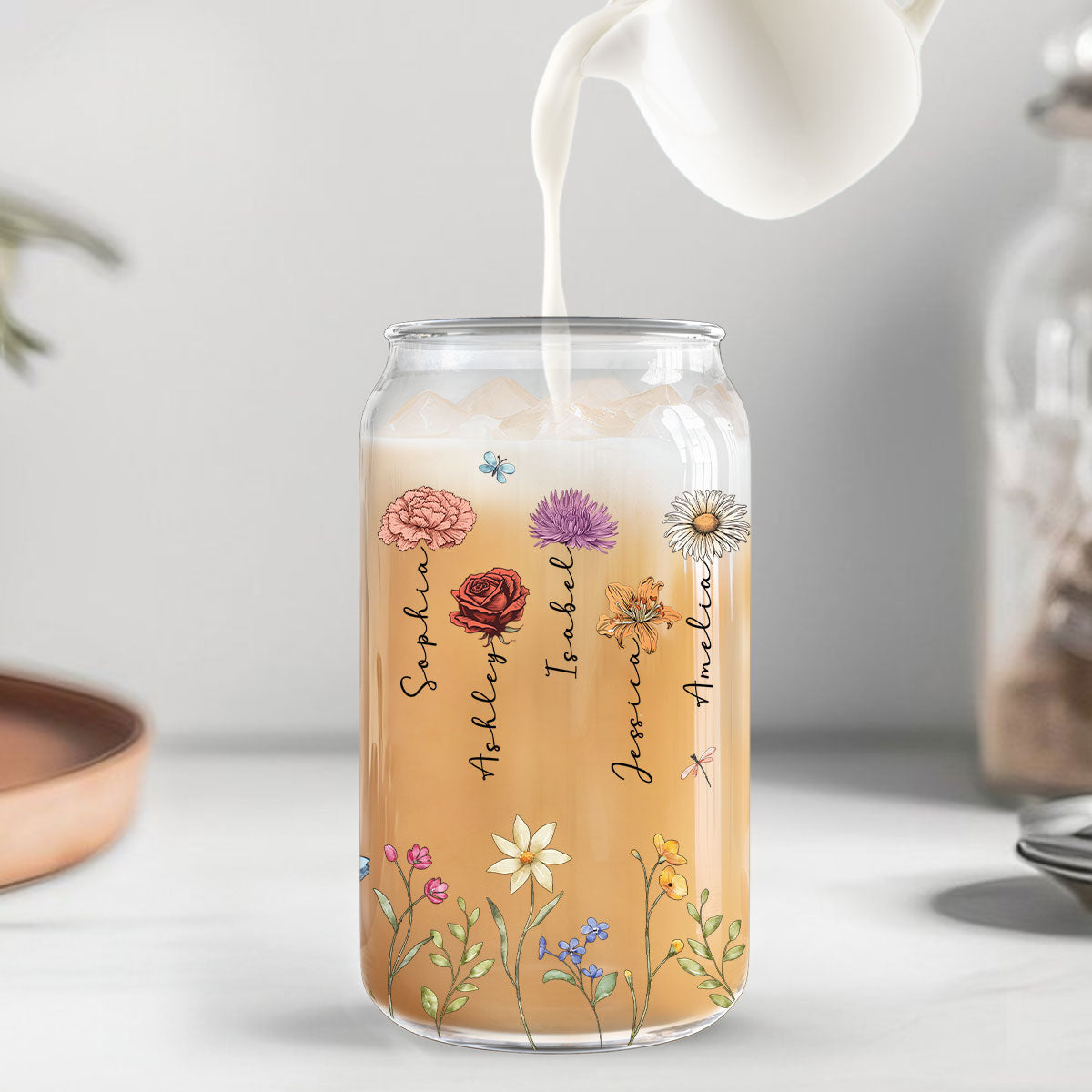 Sisters Are Different Flowers From The Same Garden Personalized Clear Glass Can, Birthday, Christmas Gift For Sisters, Siblings, Besties