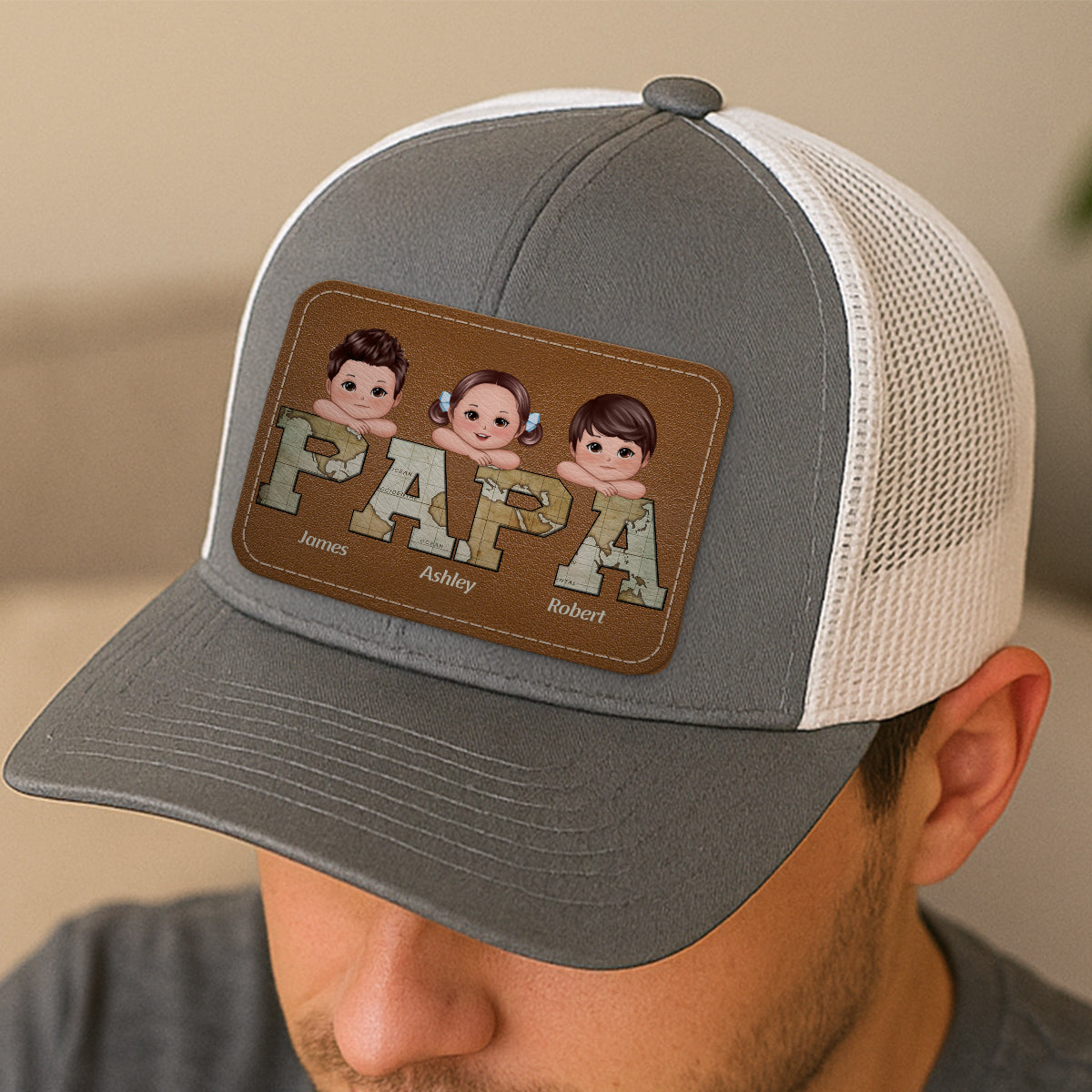 Grandpa Dad We Love You World Map Pattern Doll Kids On Hand Personalized Leather Patch Hat