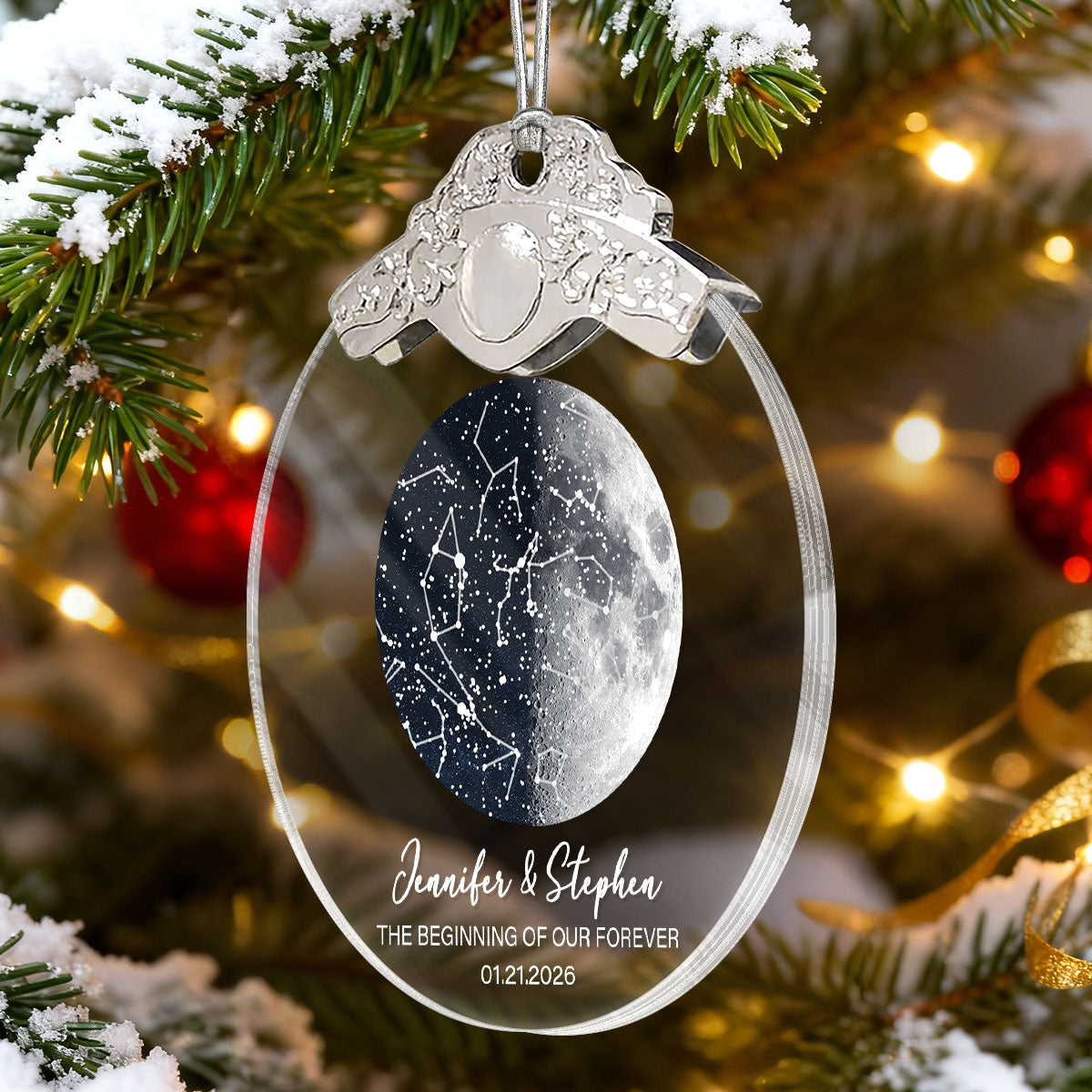 Custom Moon Phase & Star Map by Date - Personalized Glass Ornament With Silver Cap - Heartfelt Christmas Gift, Anniversary Gift, For Couple, For Him, For Her