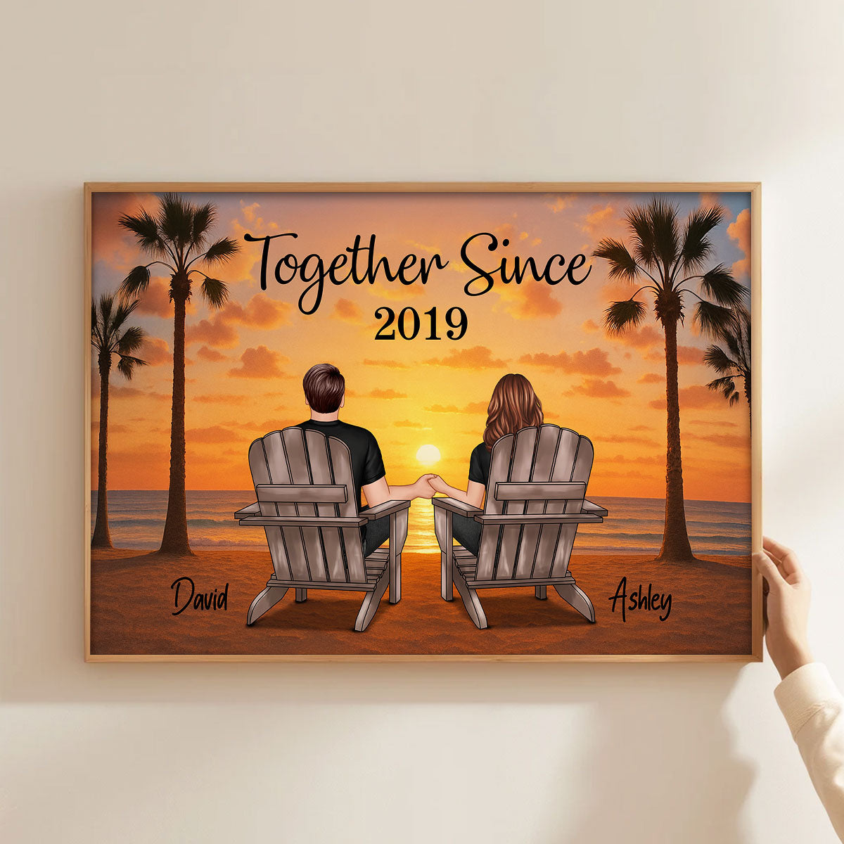 Couple Beach Sunset Under Tree Palm Personalized Poster, Anniversary gift for him, for her
